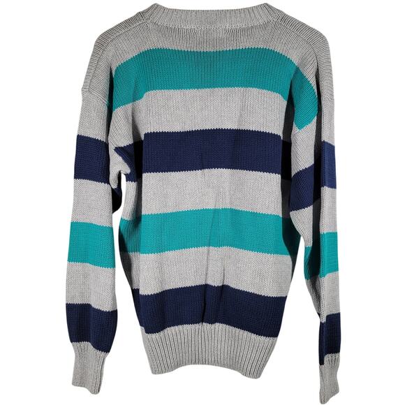 Vintage Claiborne Striped Sweater‎ Blue Teal Gray M - Picture 2 of 4